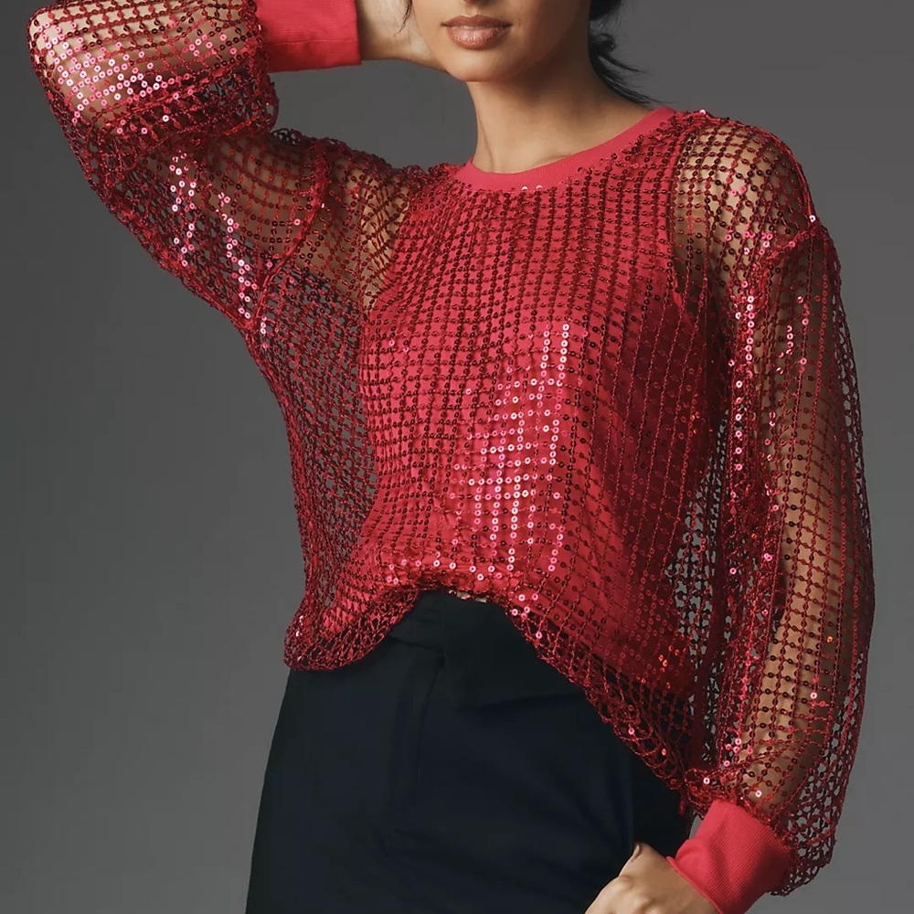 Anthropologie Pilcro Long-Sleeve Sequin Top color Raspberry